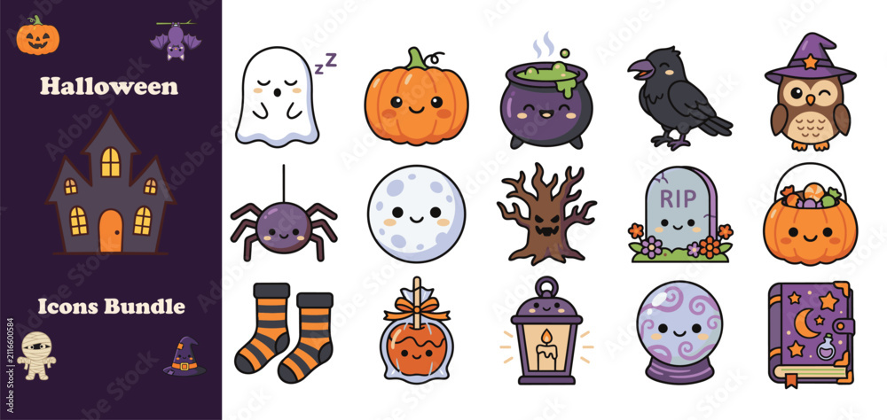 Fototapeta premium Set of cute hand drawn halloween icons and stickers featuring pumpkins ghosts owls and spooky elements for festive holiday decoration