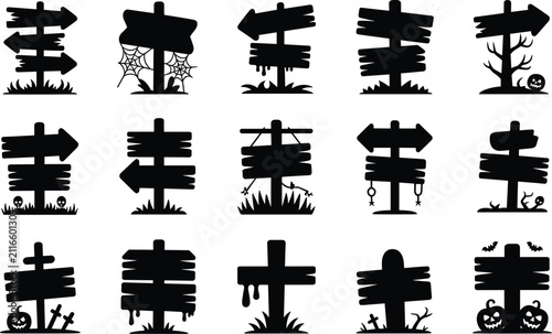 Set of Halloween wooden signposts, spooky directional signs with pumpkins and skulls