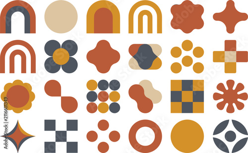 Set of mid century modern shapes and geometric symbols with warm vintage color palette