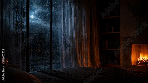 Cozy firelit room with rainy night view through large windows capturing serene atmosphere