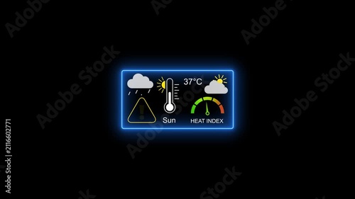 Digital weather dashboard with heat index gauge and temperature display on black background interface