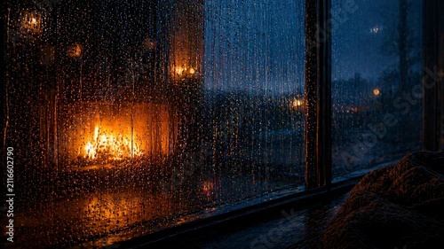 Warm fireplace glows through rainy window as twilight transitions to night