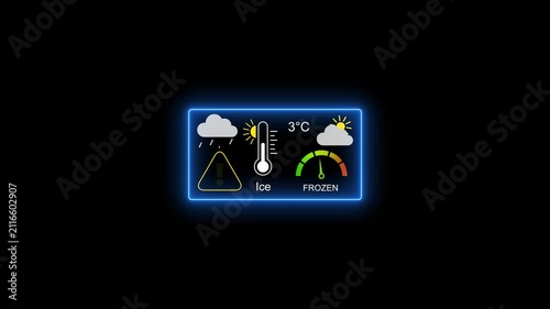 Digital weather dashboard interface with ice warning and temperature gauge animation thermometer