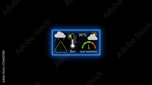 Digital weather dashboard interface with temperature sun warning and thermometer gauge animation