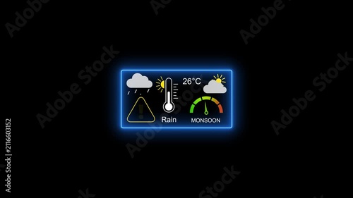 Digital weather dashboard ui with monsoon gauge and temperature display on black background interface