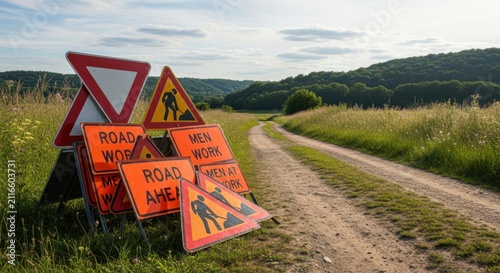 Rural Road Construction Warning Signs Blocking a Countryside Path
