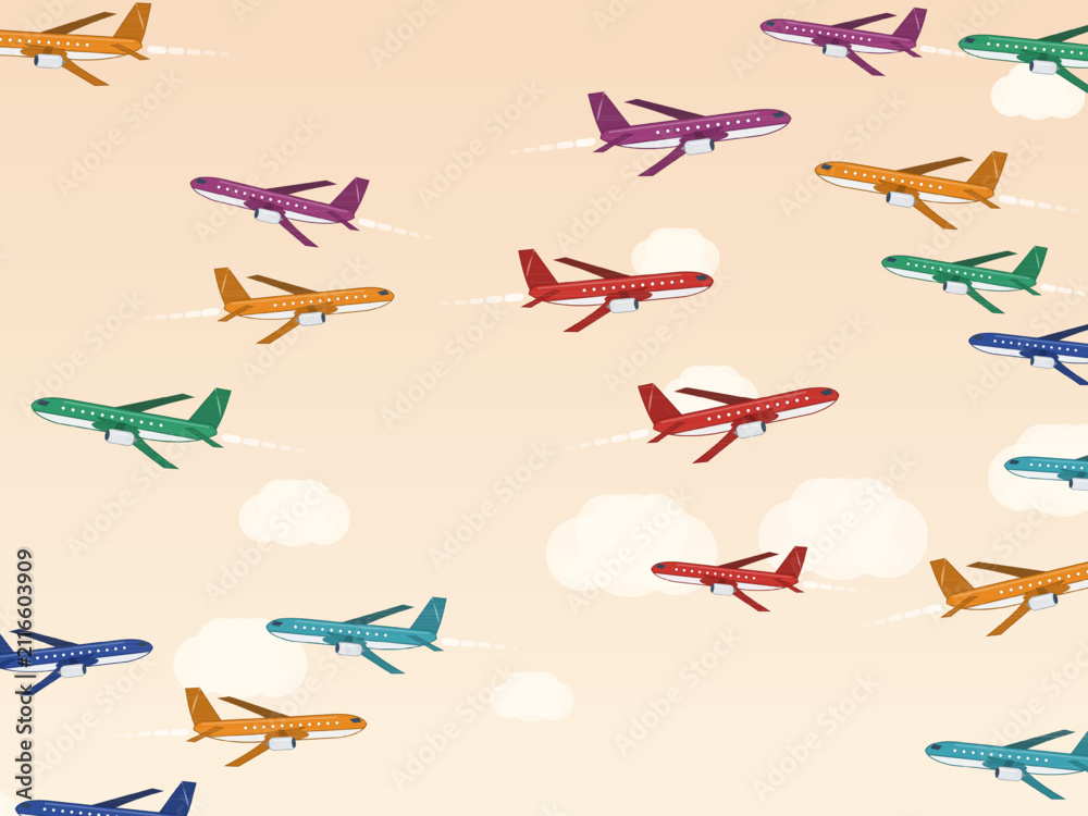 Obraz premium Flying Planes Contrail Pattern Airline Design Backdrop