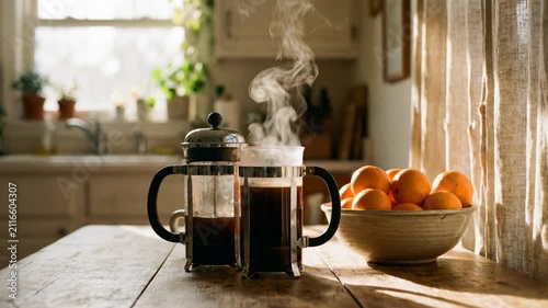 Morning sunlight illuminates french press coffee and fresh oranges in cozy kitchen