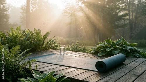 Morning sunlight illuminates outdoor yoga space surrounded by nature