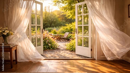 Gentle breeze through open french doors inviting tranquil morning light