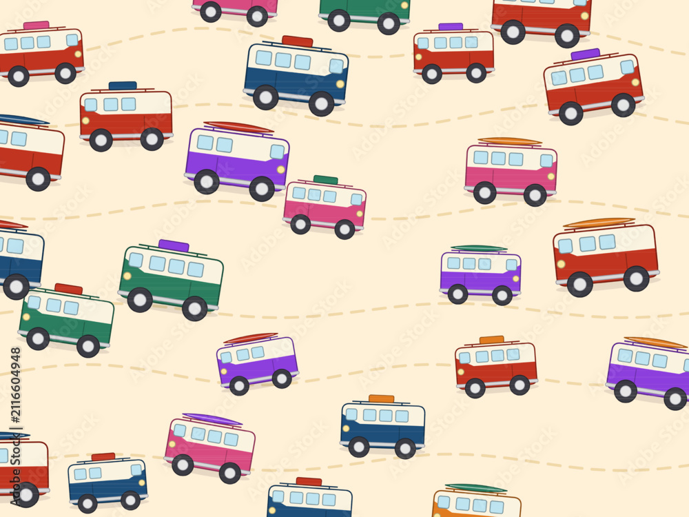 Naklejka premium Bright Camper Vans Travel Pattern Van Life Background