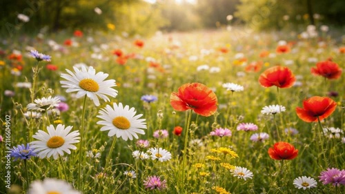 Vibrant wildflower meadow swaying in gentle breeze with sunlit blossoms