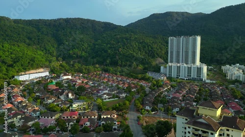 Row houses esidential area in Ferringhi hills. Amazing aerial view drone