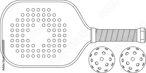 Padel racket with perforated surface and yellow balls line art vector illustration for sports and recreation design