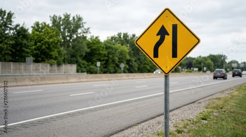 Road Sign Indicating Lane Merge Ahead On Highway