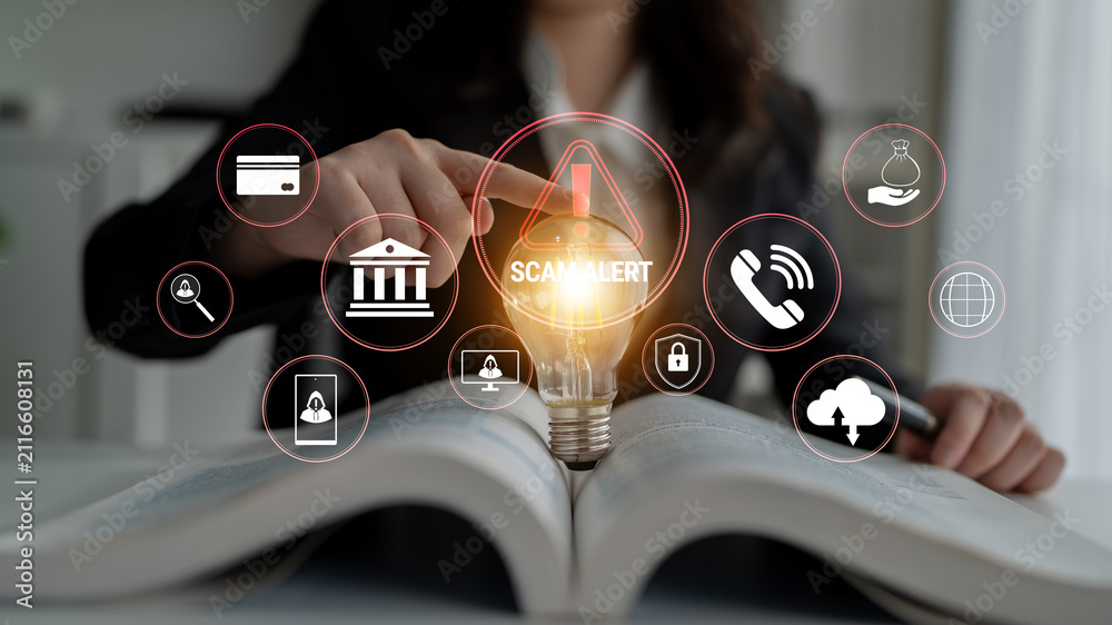 Fototapeta premium Woman Pointing to Light Bulb with Scam Alert Icons in Business Environment, Illustrating Financial Security Awareness and Fraud Prevention Measures. Glyphic.