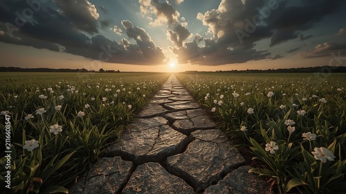 Cracked Stone Pathway Transforming Into A Flourishing Garden At Sunrise