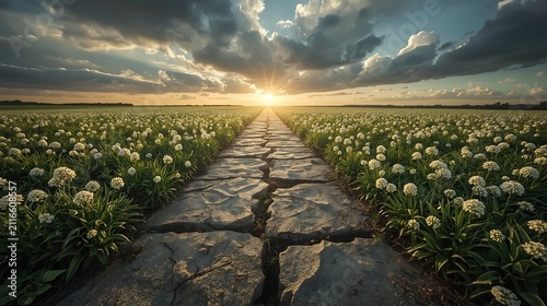Resilient Stone Path Leading To A Vibrant Garden And Peaceful Horizon