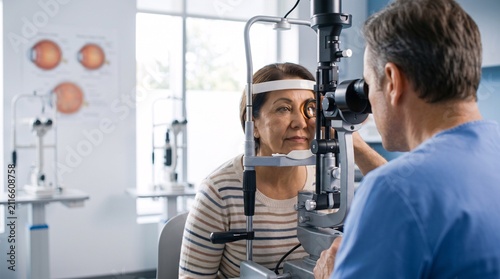 Healthcare Professional Performing Comprehensive Eye Examination Using Slit Lamp Microscope In Modern Ophthalmology Clinic