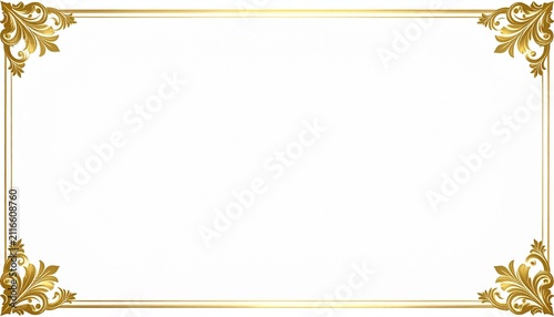 Elegant white background with luxurious gold ornamental borders. Simple gold flourish