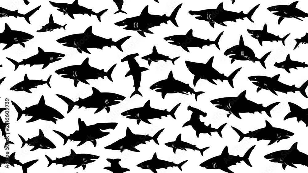 Fototapeta premium Shark silhouette pattern with varied swimming poses, fins, streamlined bodies, and dense marine repetition, sharks, fish, swimming