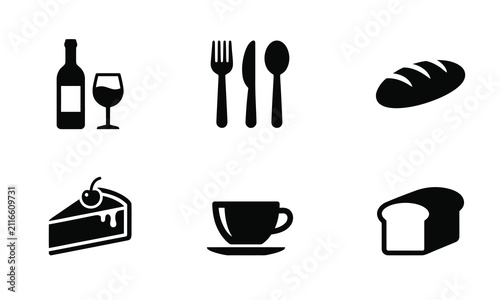 Set of black and white icons representing food and dining services