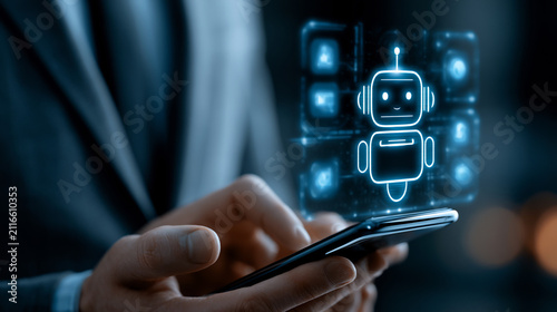 Artificial intelligence chatbot icon on smartphone, businessman using AI assistant app, futuristic digital bot interface for customer service