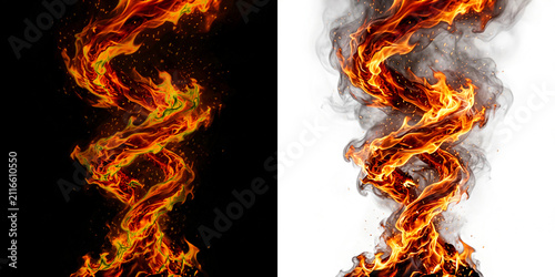Fotografie Fiery tornado vortex twisting upwards with glowing embers and dark smoke against a stark white background
