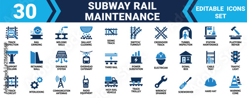Set of 30 subway rail maintenance icons including track repair tools and technical infrastructure symbols Minimal solid fill icon set bundle collection. Editable Vector Illustration Mega pack