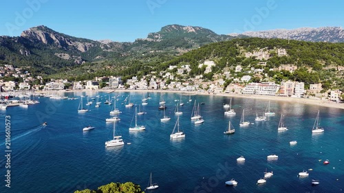 aerial view of Port Soller harbour, Mallorca at summer, Spain
