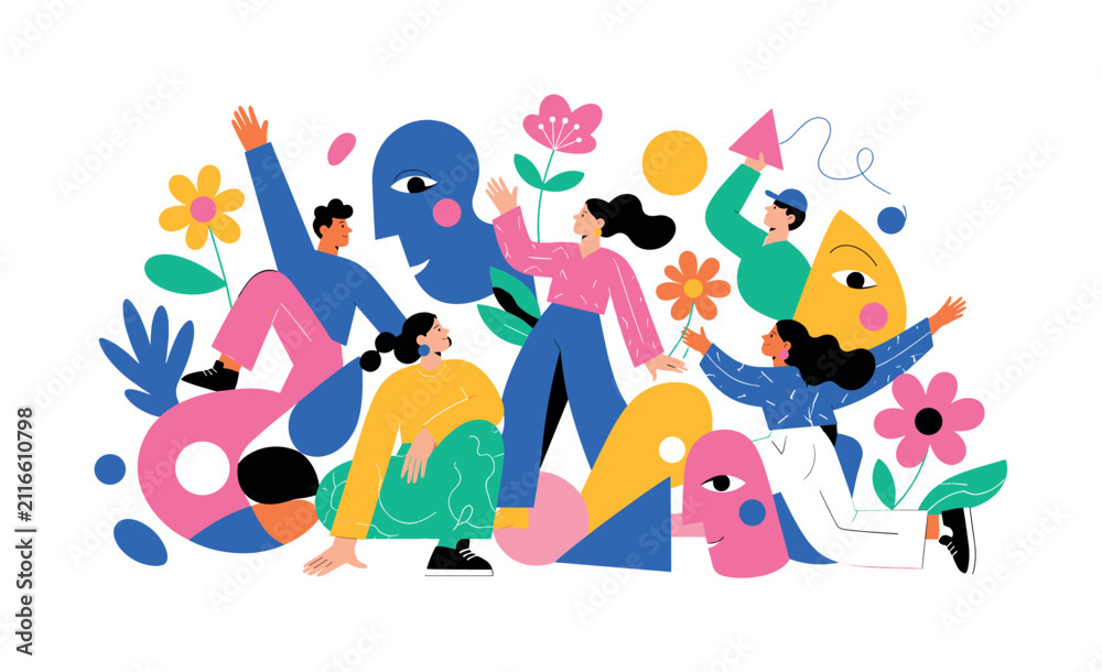 Fototapeta premium Diverse group of people interacting with abstract shapes and flowers in a vibrant illustration