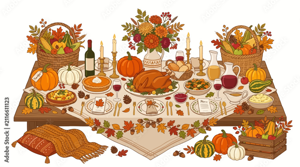 Fototapeta premium Thanksgiving Dinner Table Setting with Roasted Turkey and Autumn Decorations
