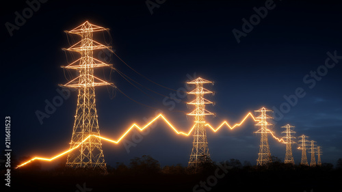 Power transmission towers crossed by a fluctuating graph represent electricity market analysis energy demand and changing utility costs.
