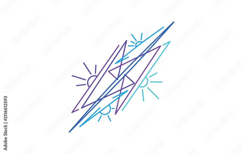 Fototapeta premium Abstract purple and blue geometric shapes with sunbursts on white background