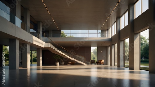 Elegant modern minimalist interior design of a spacious lobby or office reception area with concrete surfaces and natural light