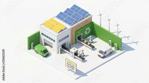 isometric green future factory with solar panels and wind turbines. eco friendly automated manufacturing, electric delivery vans. sustainable industry. banner, website header, copyspace.