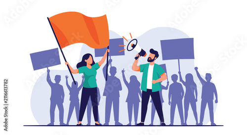Group of people protesting with orange flag and signs while a man speaks through a megaphone at a public rally.