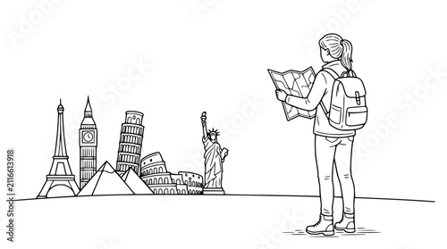 Backpacker Woman with Map Looking at Famous World Landmarks Line Art Illustration