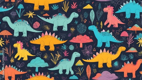 Cute colorful cartoon dinosaurs seamless pattern. Prehistoric animal illustration with plants and mushrooms on dark background for kids design.