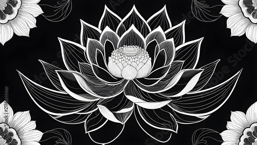 Elegant Black and White Lotus Flower Illustration with Intricate Details for Spiritual and Meditation Themes