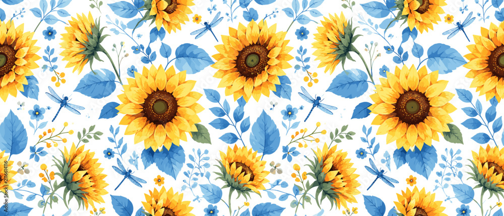 Obraz premium Sunflower and summer botanical seamless pattern with yellow blossoms, blue leaves, dragonflies, and airy floral spacing, sunflower