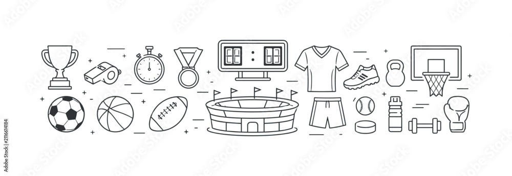 Fototapeta premium Sport outline banner with athletic equipment, clothing, scoreboard, balls, and stadium symbols, sport, equipment, clothing,