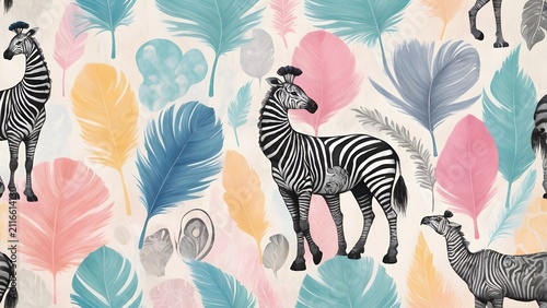 Artistic seamless pattern with zebras and colorful pastel feathers, exotic wildlife illustration for fabric, wallpaper, and design.