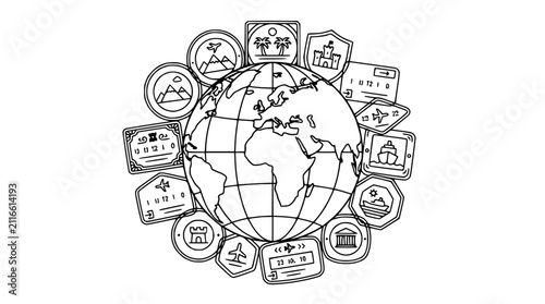 Global Travel and Tourism Concept with Hand Drawn World Globe and Passport Stamps Line Art Illustration