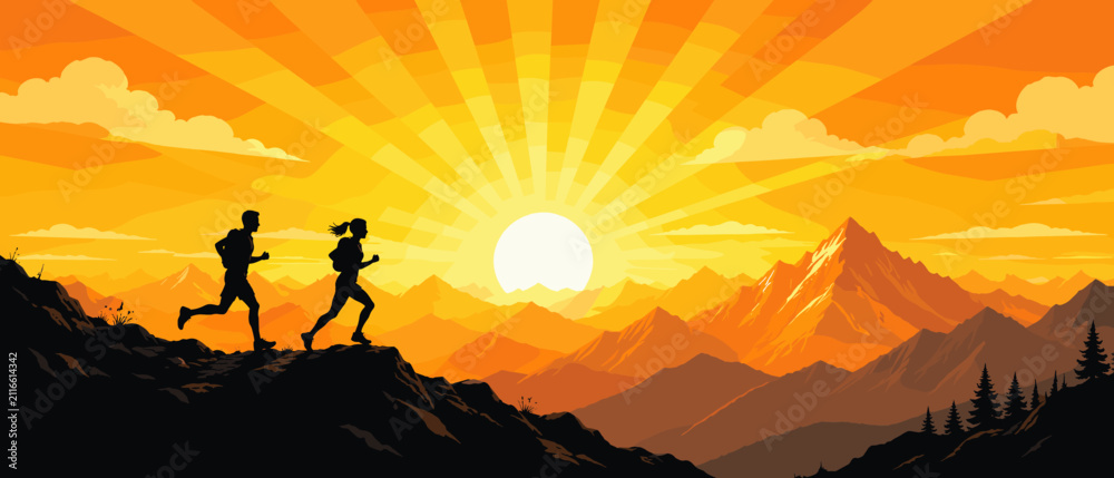 Fototapeta premium Sunrise mountain hiking silhouette with two runners crossing dark ridges beneath radiant orange sunbeams, sunrise, mountains,