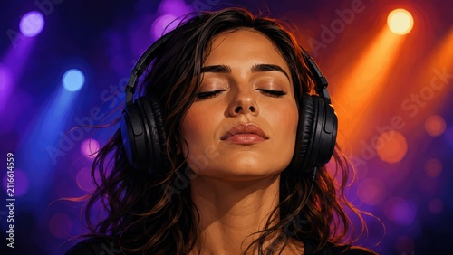 Woman with headphones enjoying music with eyes closed in colorful lights