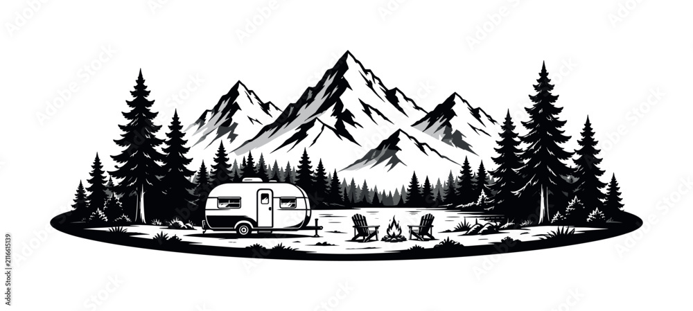 Obraz premium Serene mountain campsite with a vintage trailer and campfire scene
