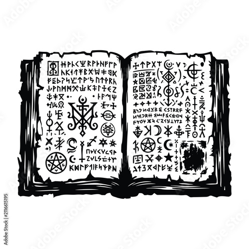Canvas Print Open magic spell book with occult symbols and ancient runes vector illustration
