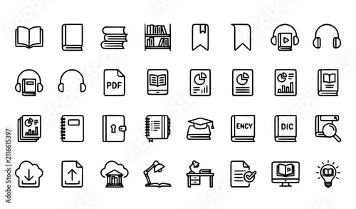 Book Outline Icon Collection with Reading PDF Document Audiobook and Education Editable Vector