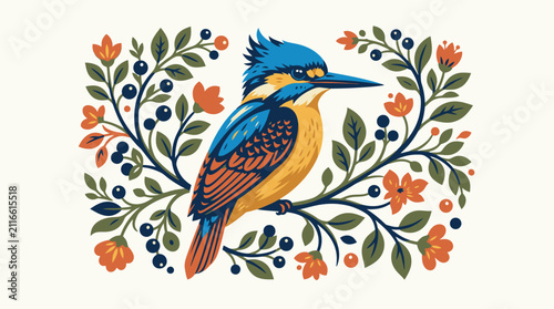 Obraz na plátne Folk art vector illustration of a kingfisher perched on a branch surrounded by a